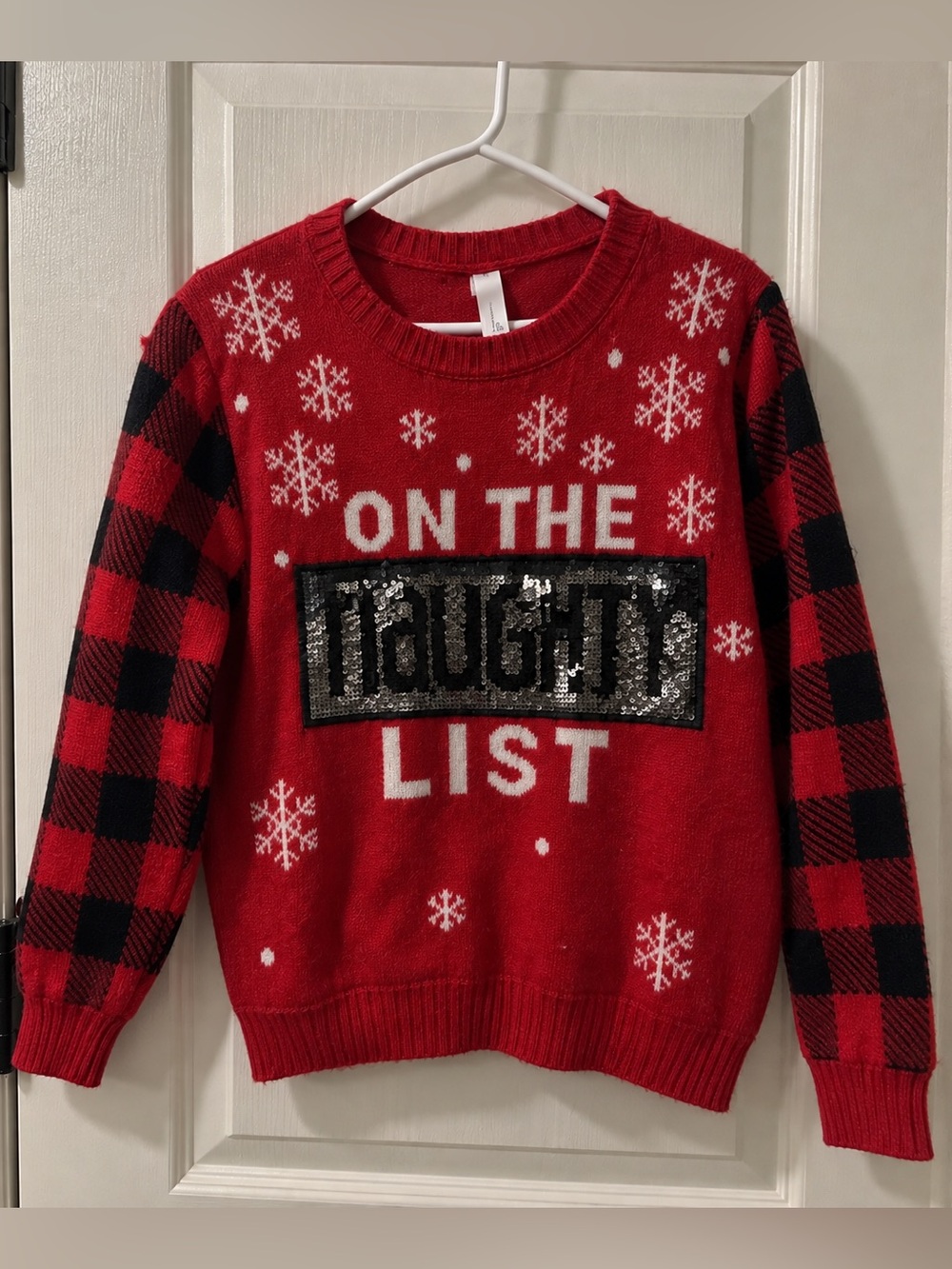 Women’s Christmas Sweater - Sequin Buffalo Plaid Ugly Christmas Sweater
